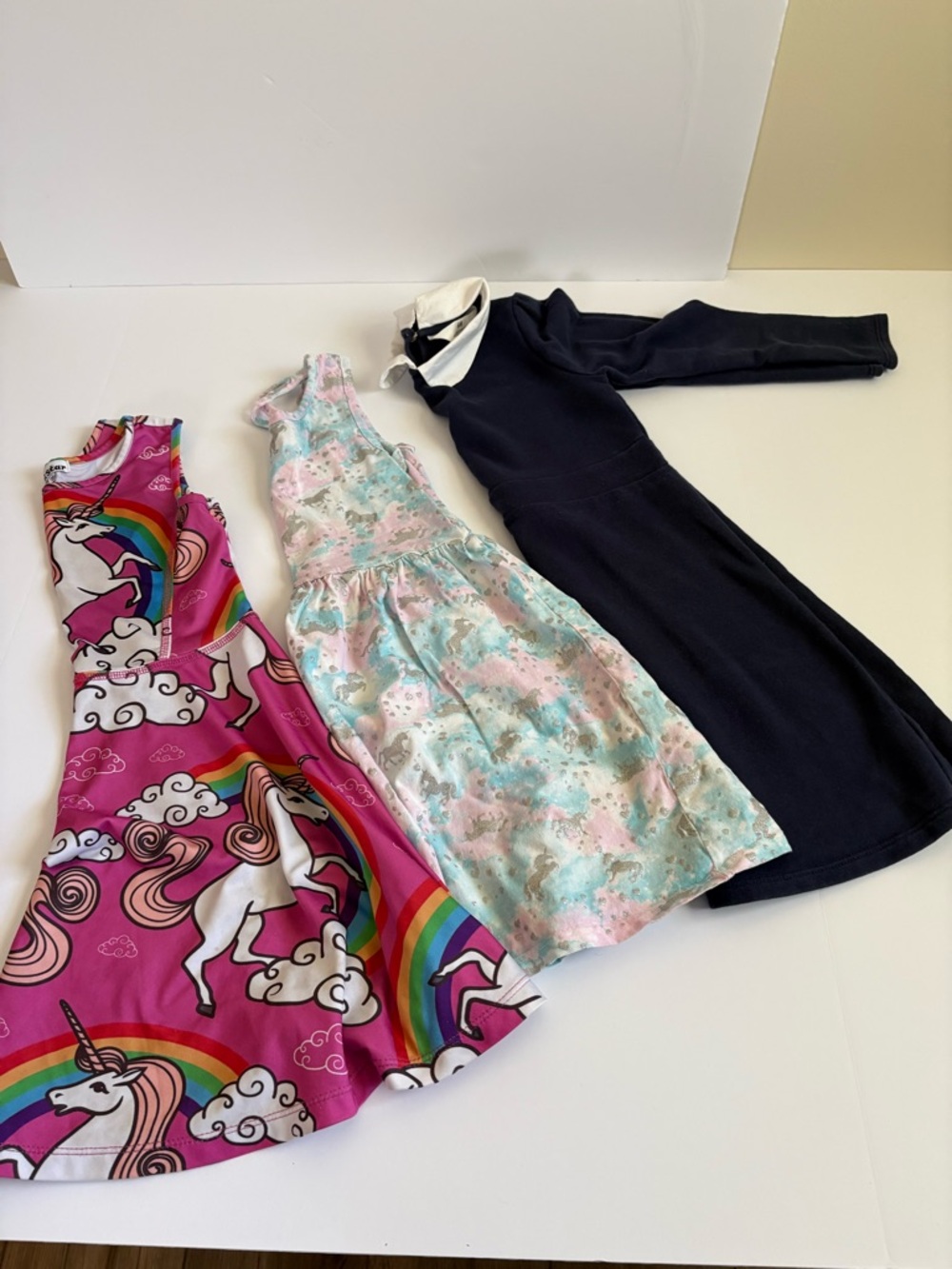 Girls Unicorn Rainbow Dress + Pastel Floral Dress + Navy Collared Dress - 3-Pack